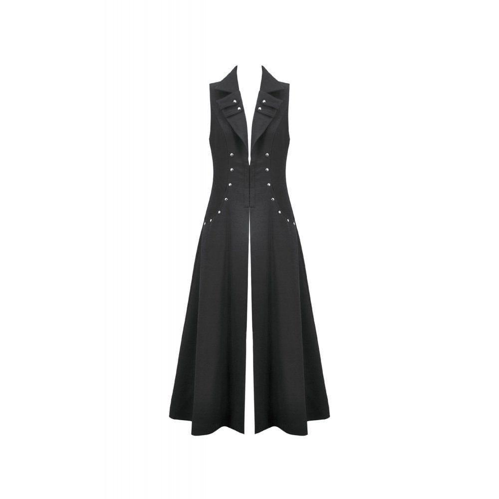 Darkinlove Women's Punk Rivets Lapel Sleeveless Long Coat