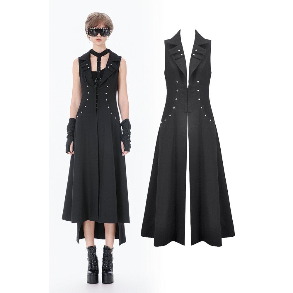 Darkinlove Women's Punk Rivets Lapel Sleeveless Long Coat