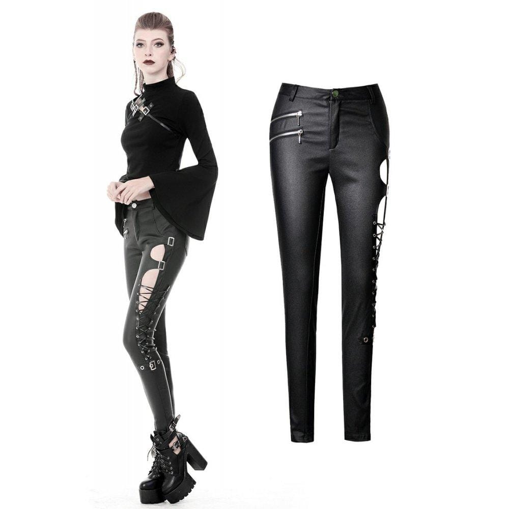 darkinlove Women's Punk Sexy Hollow Thigh Asymmetrical PU Trousers
