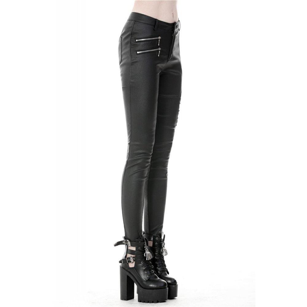 darkinlove Women's Punk Sexy Hollow Thigh Asymmetrical PU Trousers