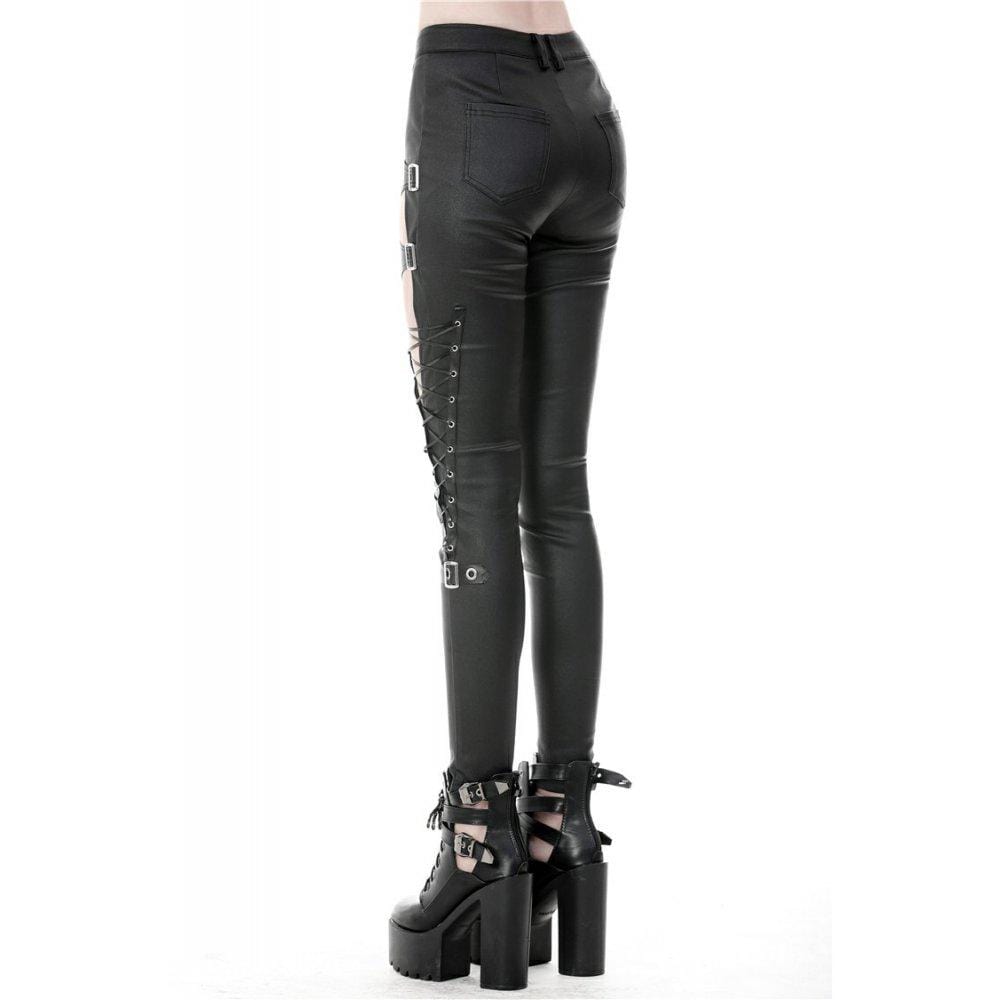 darkinlove Women's Punk Sexy Hollow Thigh Asymmetrical PU Trousers