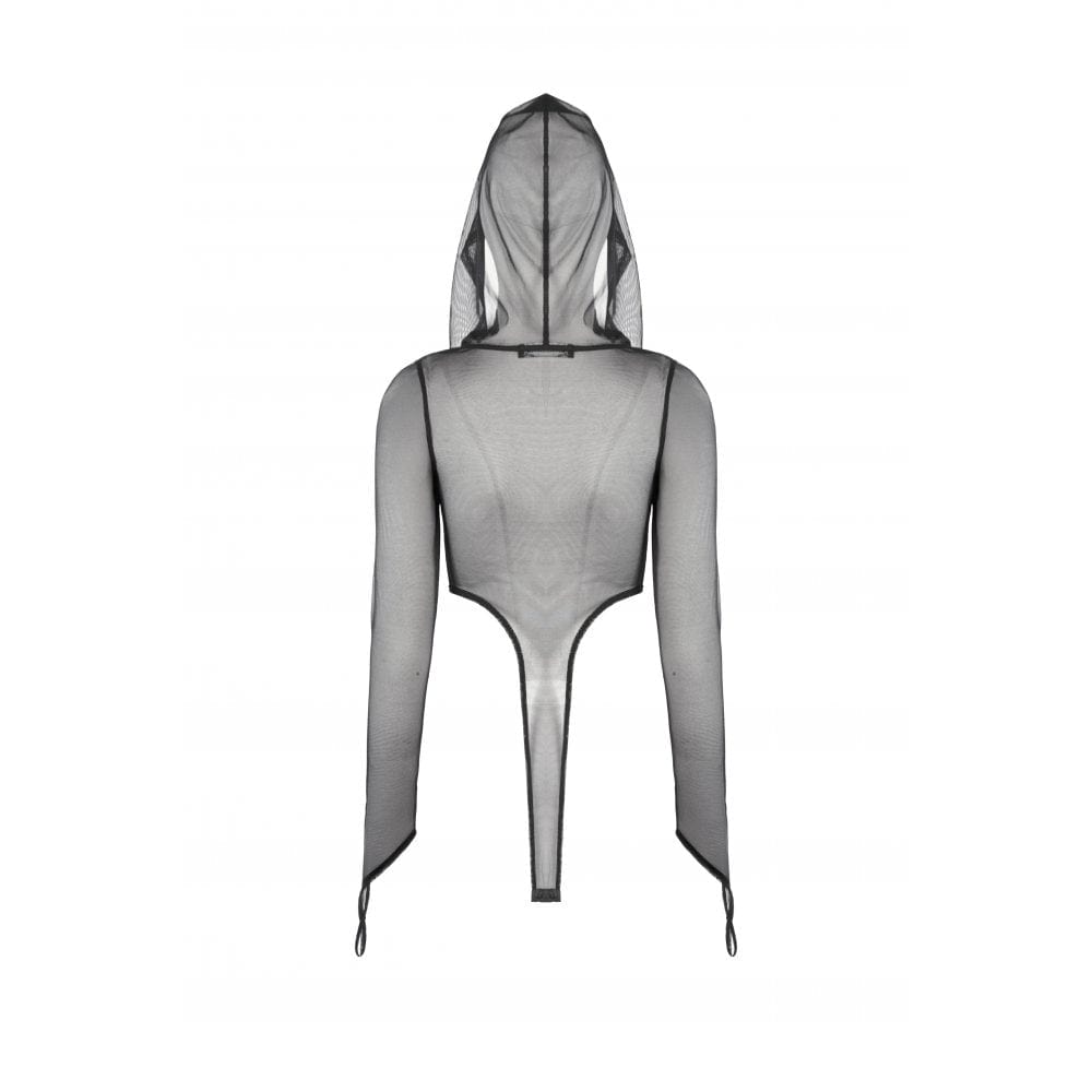 Darkinlove Women's Punk Sheer Mesh Bodysuit with Hood