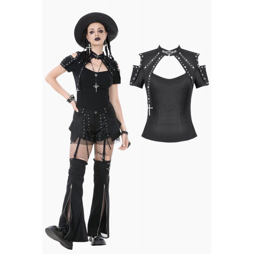 Darkinlove Women's Punk Skull Rivets Cutout Short Sleeved Shirt