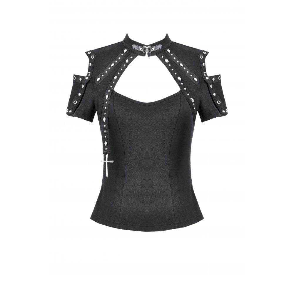 Darkinlove Women's Punk Skull Rivets Cutout Short Sleeved Shirt