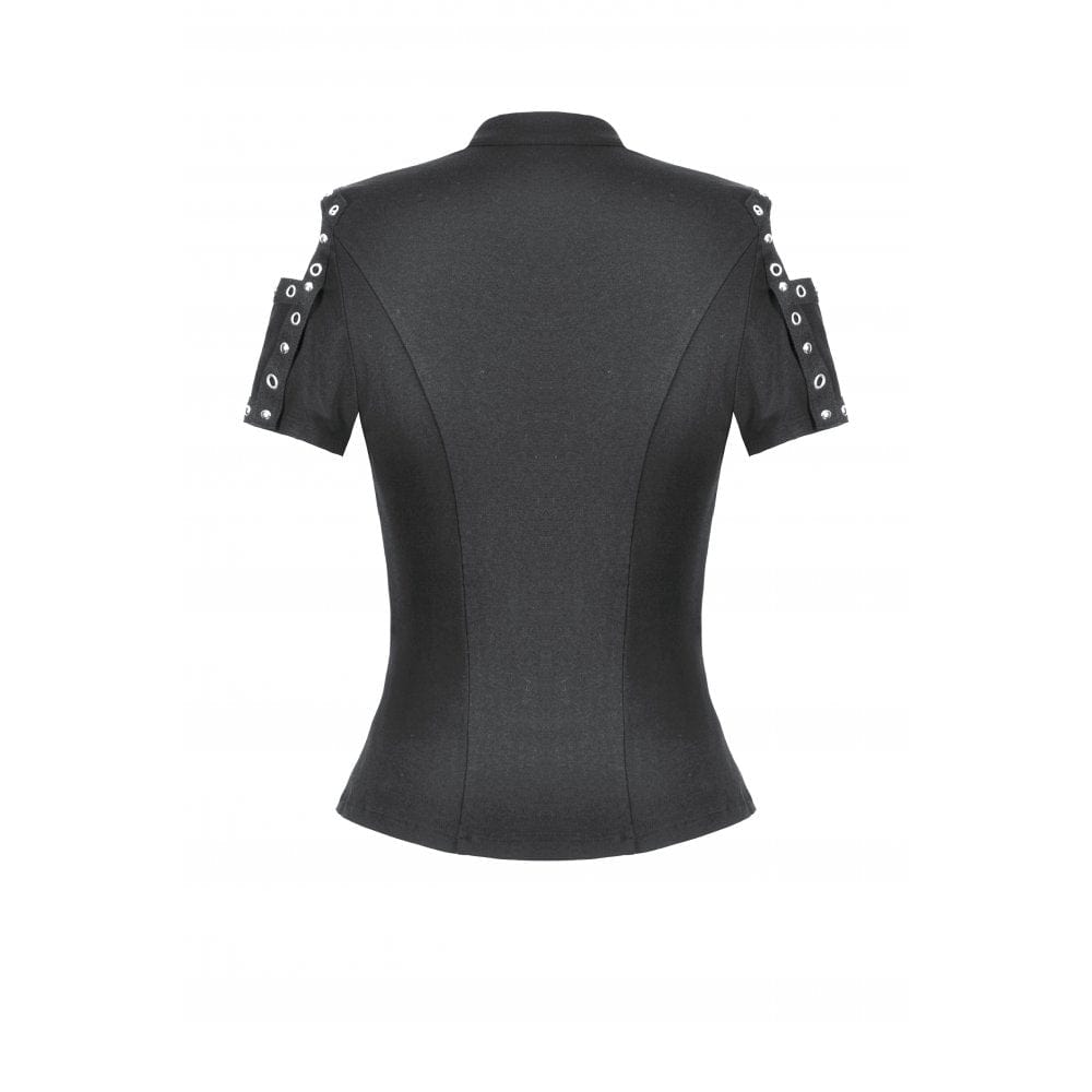 Darkinlove Women's Punk Skull Rivets Cutout Short Sleeved Shirt