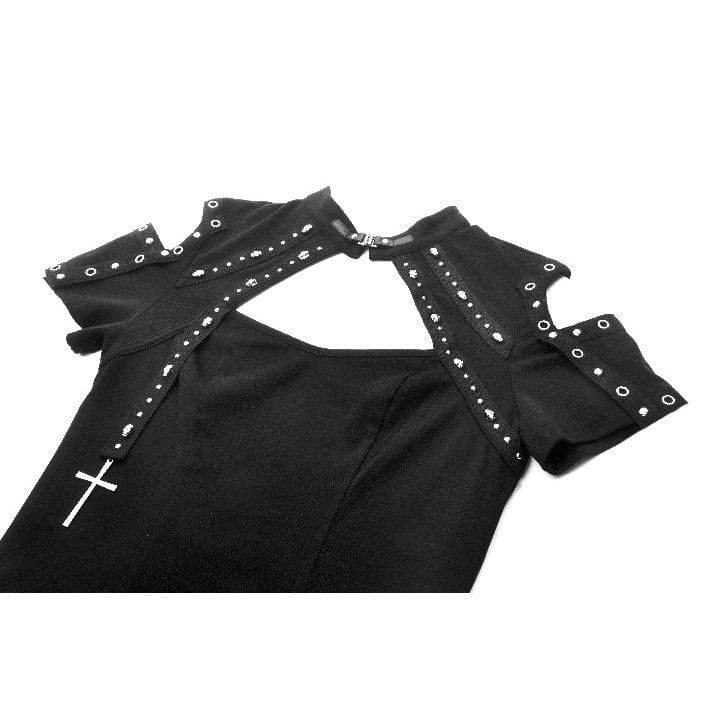 Darkinlove Women's Punk Skull Rivets Cutout Short Sleeved Shirt