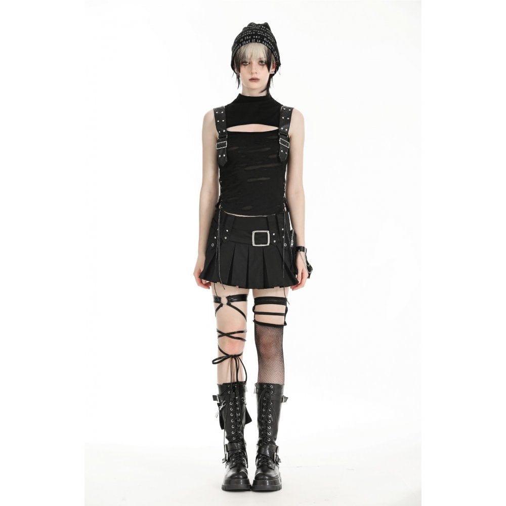 Darkinlove Women's Punk Stand Collar Ripped Vest