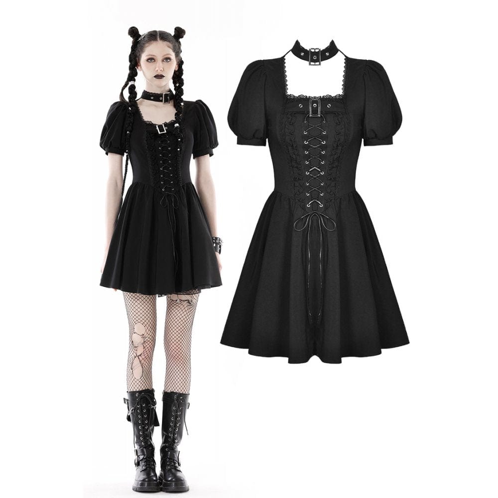 Darkinlove Women's Punk Strappy Buckle Ruffled Dress