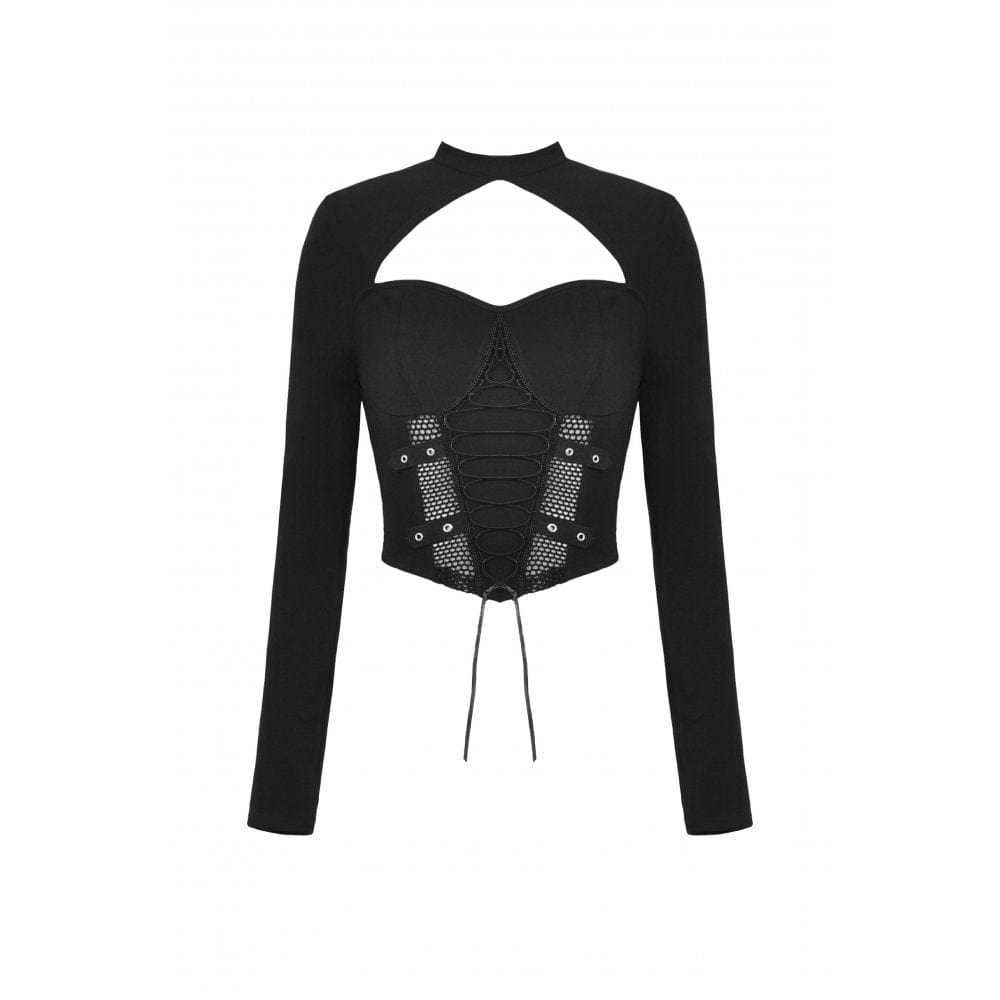 Darkinlove Women's Punk Strappy Cutout Mesh Splice Crop Top