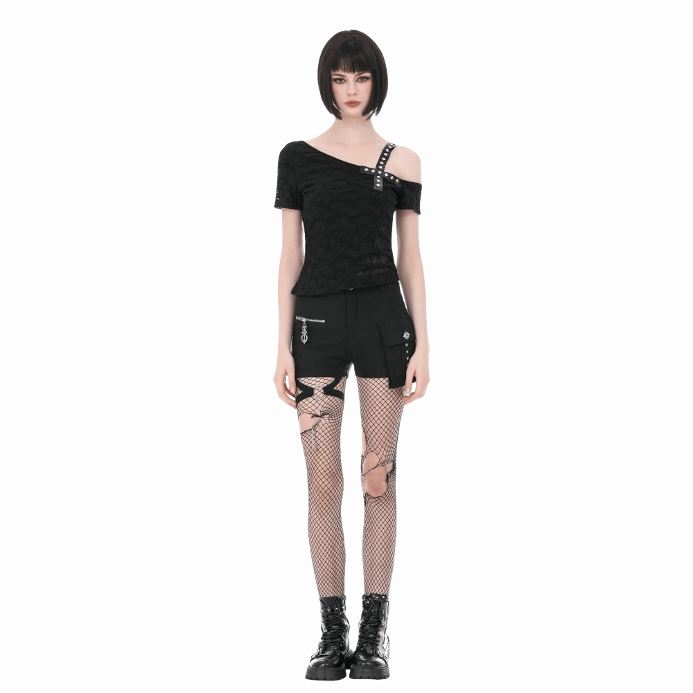 Darkinlove Women's Punk Studded Cross Straps Asymmetric Short Sleeve Top