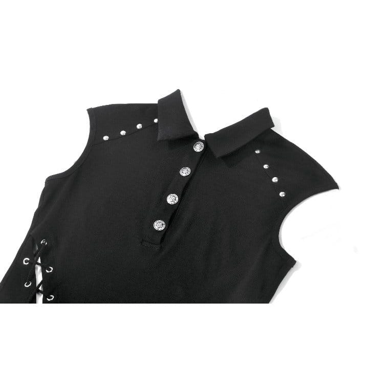 Darkinlove Women's Punk Studded Lace-up Turn-down Collar Sleeveless Top