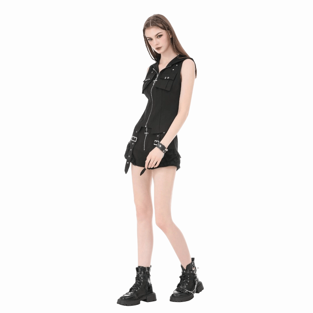 Darkinlove Women's Punk Studded Zipper Hooded Vest