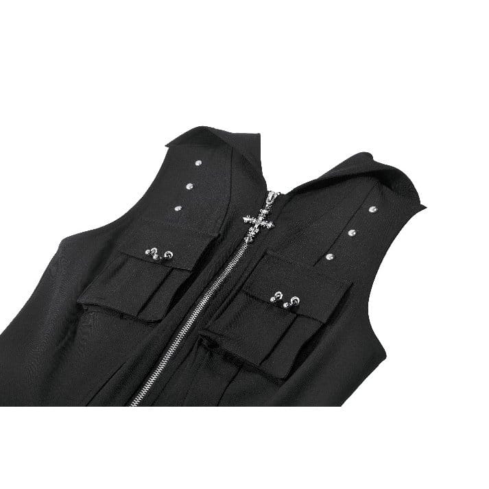 Darkinlove Women's Punk Studded Zipper Hooded Vest