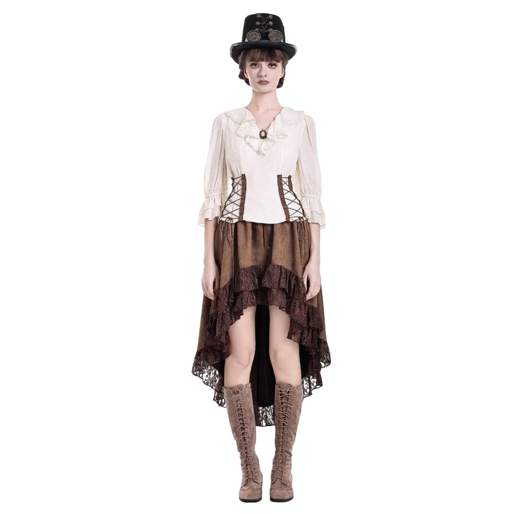 Darkinlove Women's Steampunk Floral Lace Trim High-Low Hem Skirt
