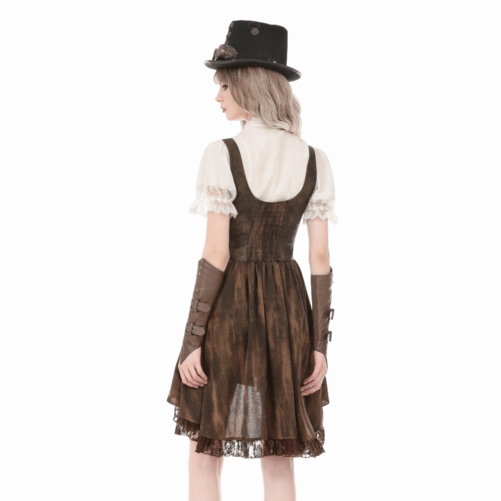 Darkinlove Women's Steampunk Lace Patchwork Lace-up Puff Sleeve Shirt