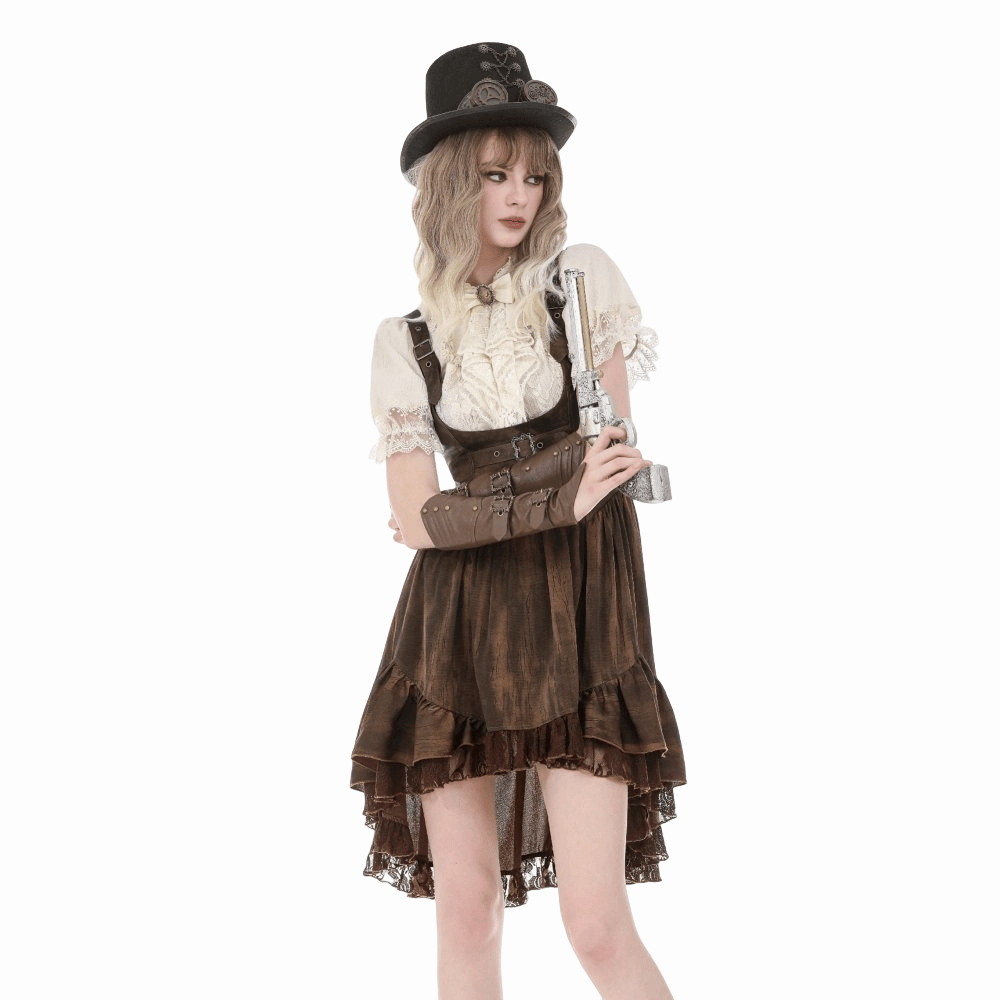 Darkinlove Women's Steampunk Lace Patchwork Lace-up Puff Sleeve Shirt