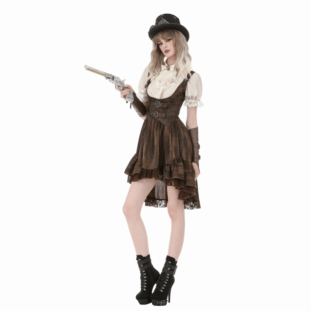 Darkinlove Women's Steampunk Lace Patchwork Lace-up Puff Sleeve Shirt