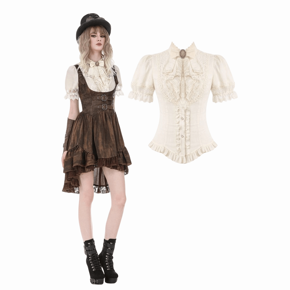 Darkinlove Women's Steampunk Lace Patchwork Lace-up Puff Sleeve Shirt