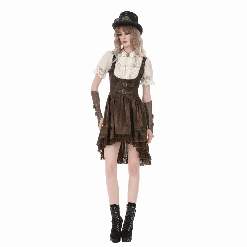 Darkinlove Women's Steampunk Lace Patchwork Lace-up Puff Sleeve Shirt