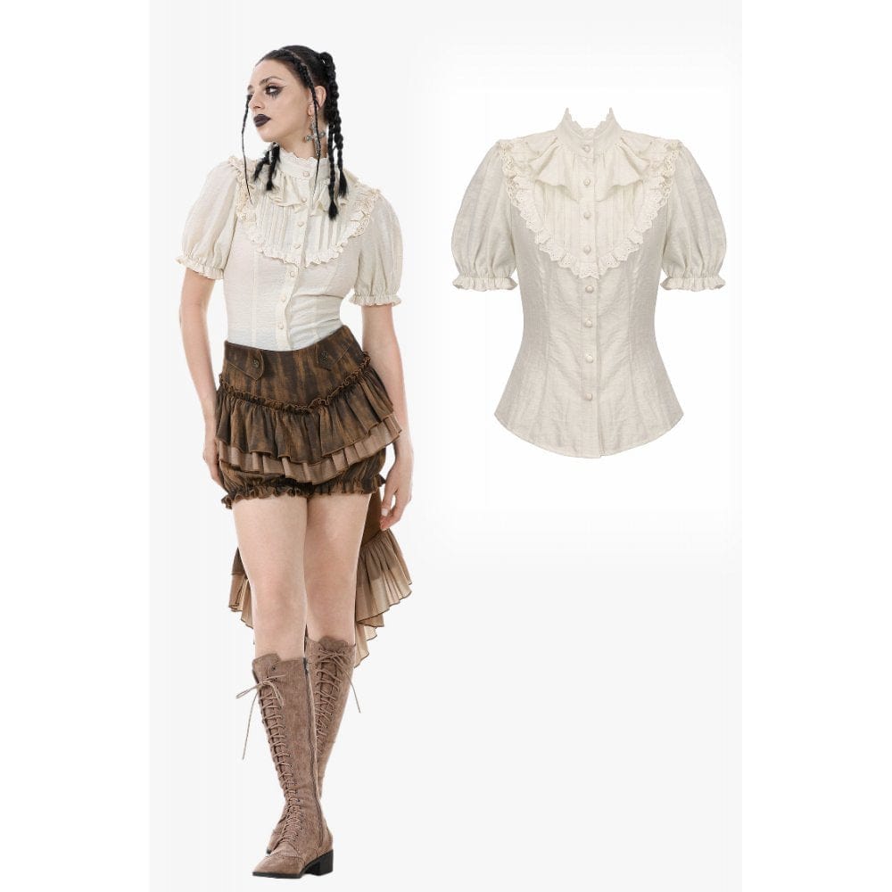 Darkinlove Women's Steampunk Stand Collar Ruffles Short Sleeved Shirt