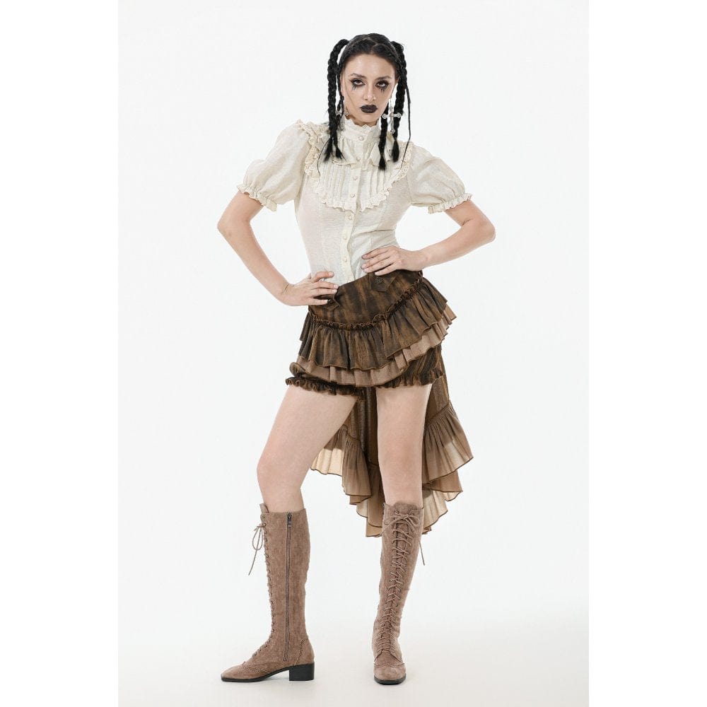 Darkinlove Women's Steampunk Stand Collar Ruffles Short Sleeved Shirt