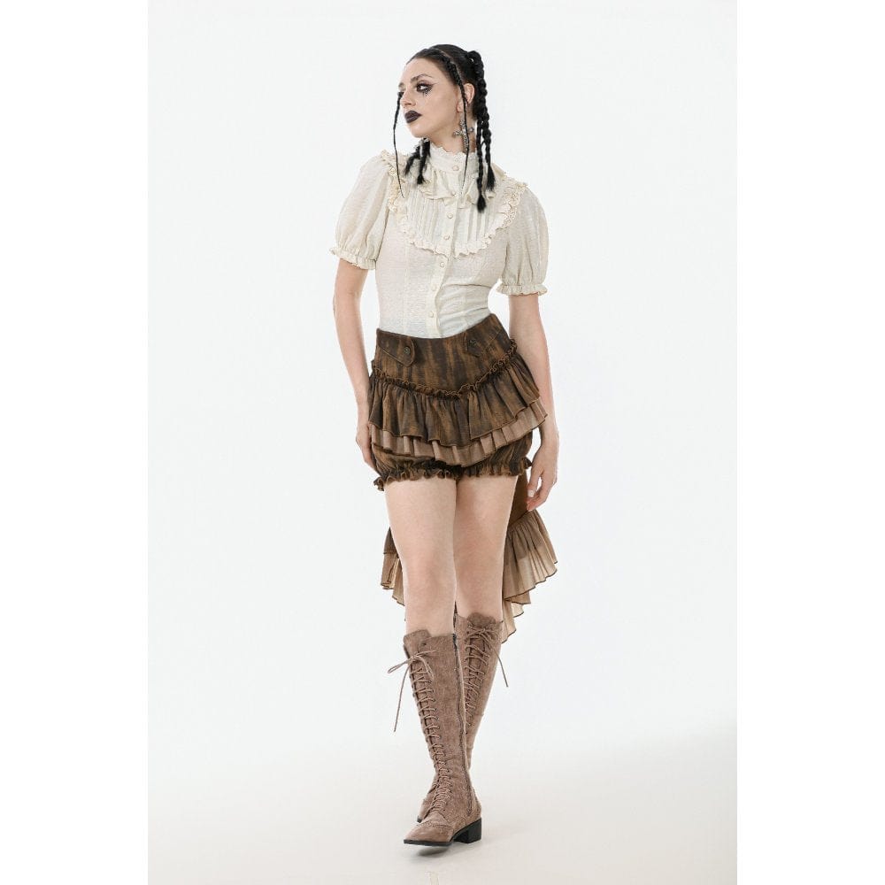 Darkinlove Women's Steampunk Stand Collar Ruffles Short Sleeved Shirt