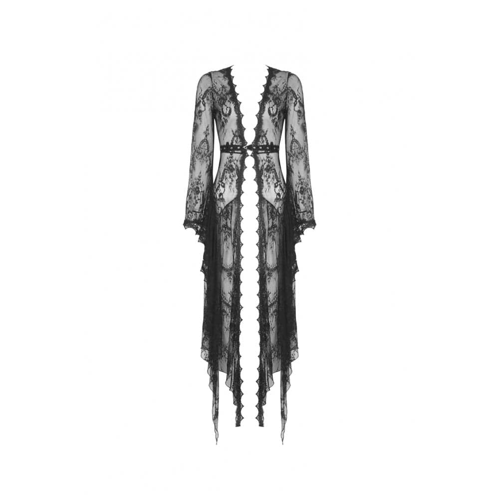 Darkinlove Women's Vintage Gothic Sheer Floral Lace Maxi Cape with Belts