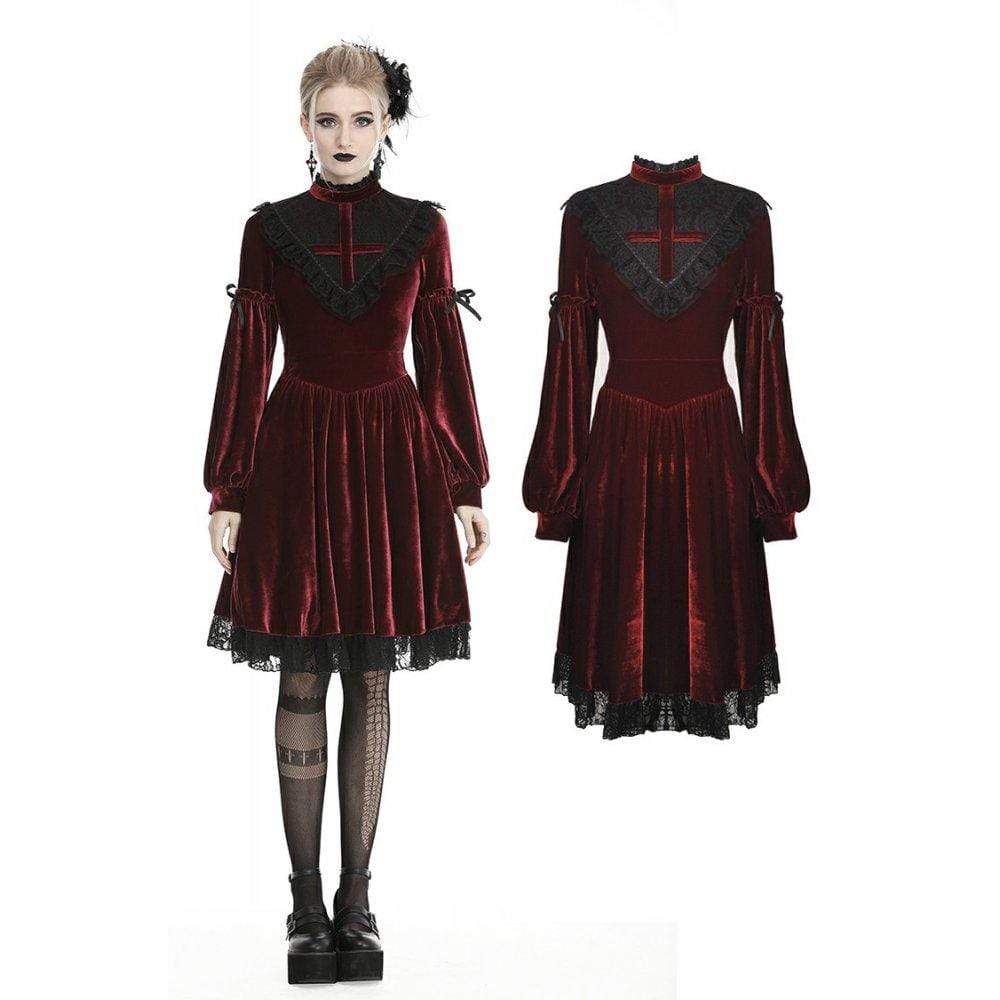 Darkinlove Women's Vintage Lace Collar Velet Dresses Red