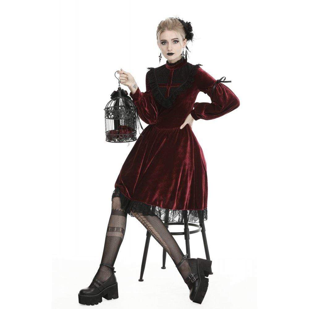 Darkinlove Women's Vintage Lace Collar Velet Dresses Red