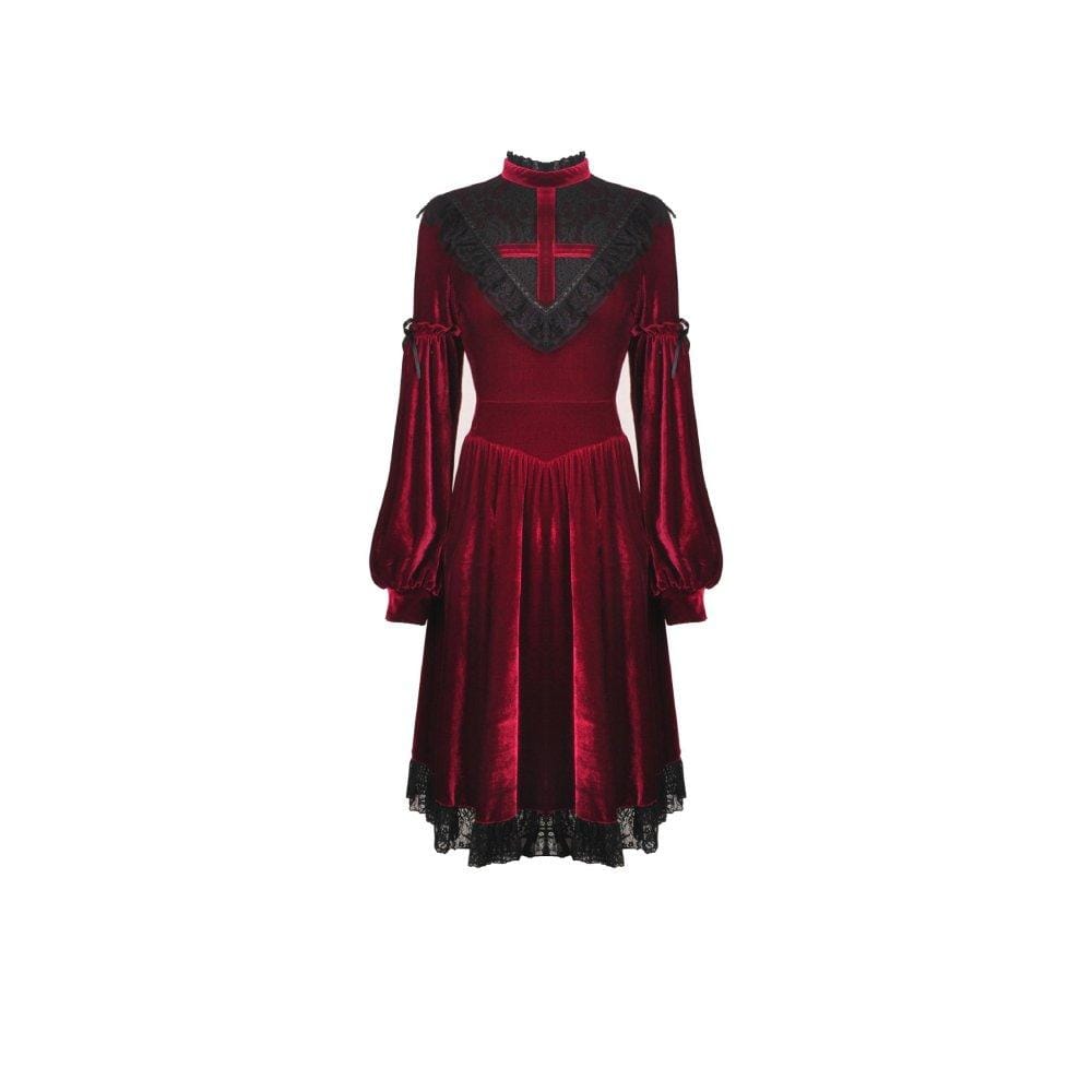 Darkinlove Women's Vintage Lace Collar Velet Dresses Red