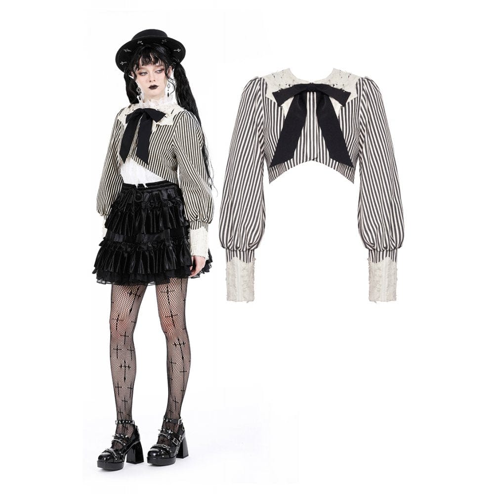 Darkinlove Women's Vintage Puff Sleeved Striped Short Shirt