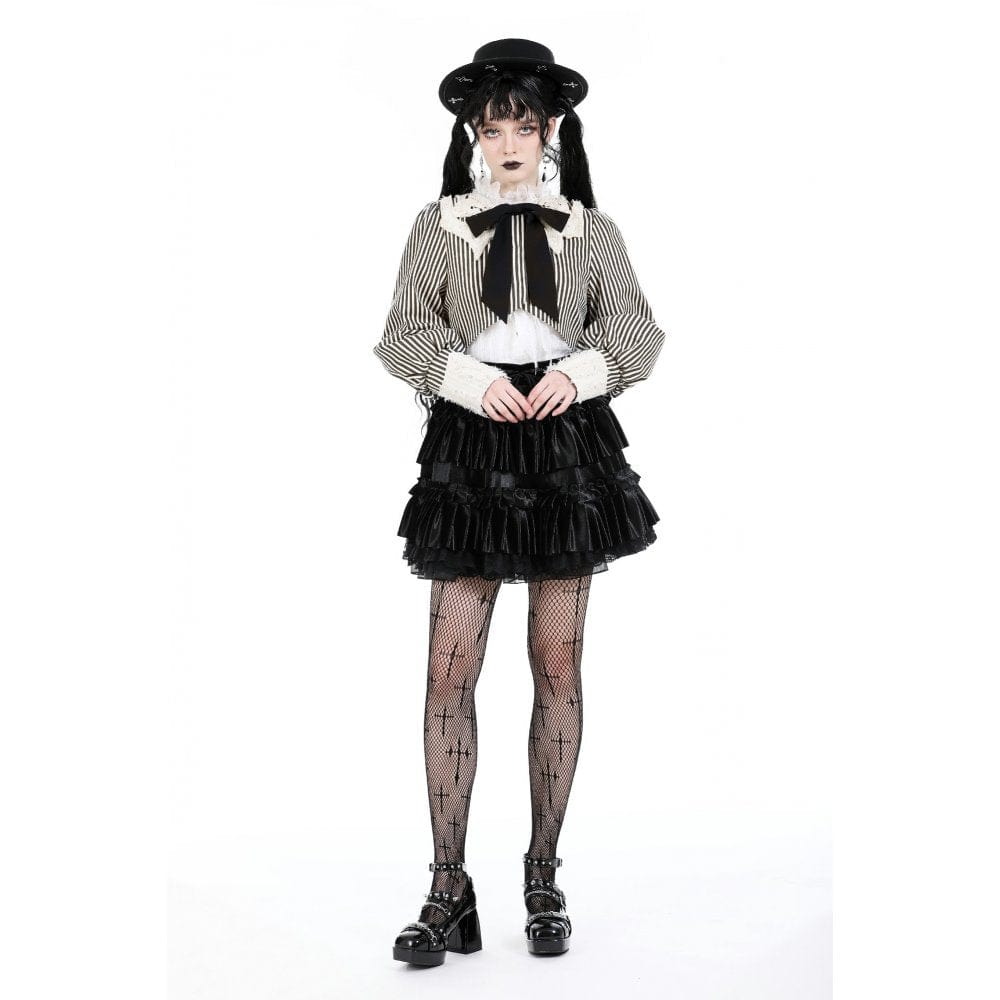 Darkinlove Women's Vintage Puff Sleeved Striped Short Shirt