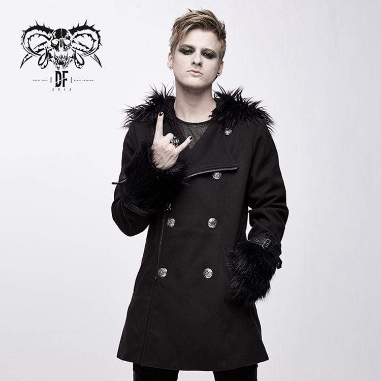 DEVIL FASHION Men's Goth Double-breasted Faux Fur Hooded Coat