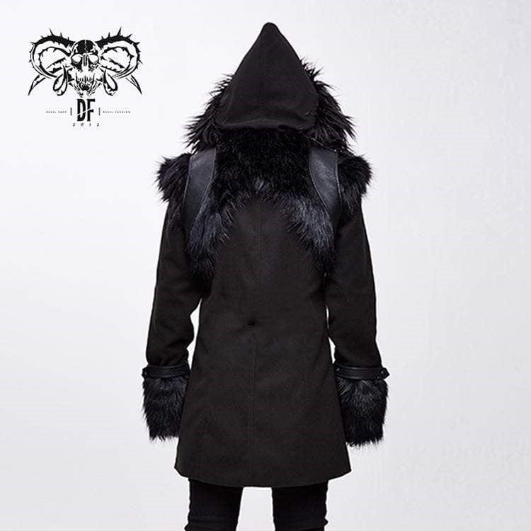 DEVIL FASHION Men's Goth Double-breasted Faux Fur Hooded Coat