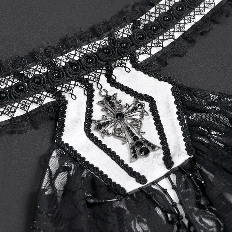 DEVIL FASHION Men's Gothic Cross Beaded Neckwear White