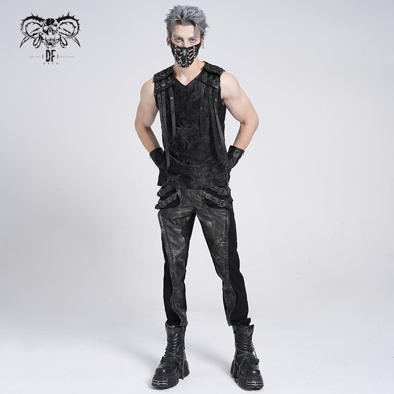 DEVIL FASHION Men's Gothic Eyelet Strap Distressed Vest