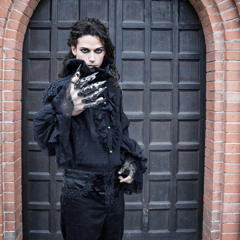 DEVIL FASHION Men's Gothic Falbala Collar Ruffles Puff Sleeves Shirts With Rivets