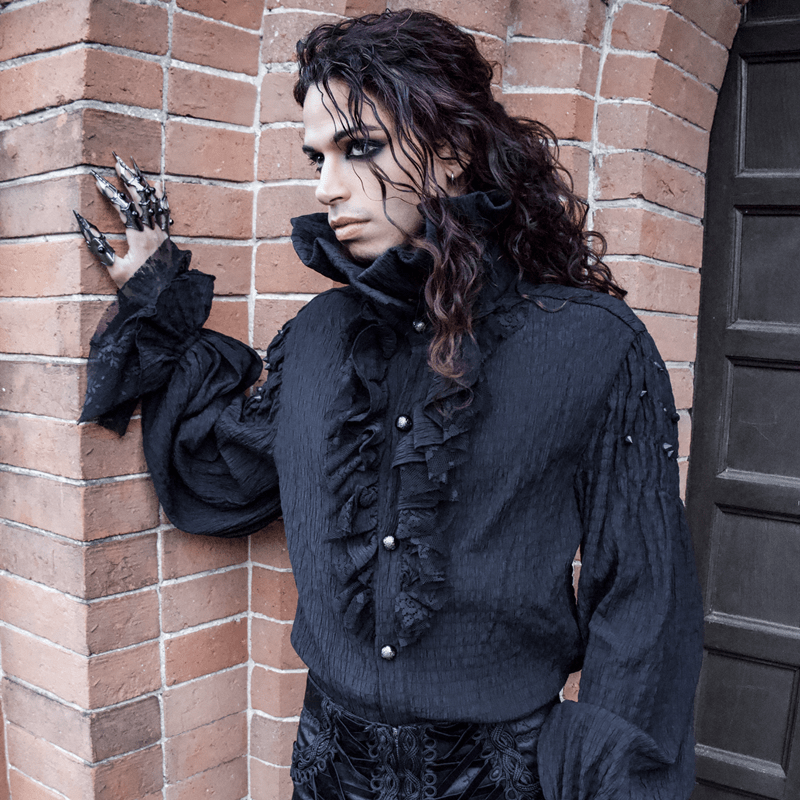 DEVIL FASHION Men's Gothic Falbala Collar Ruffles Puff Sleeves Shirts With Rivets