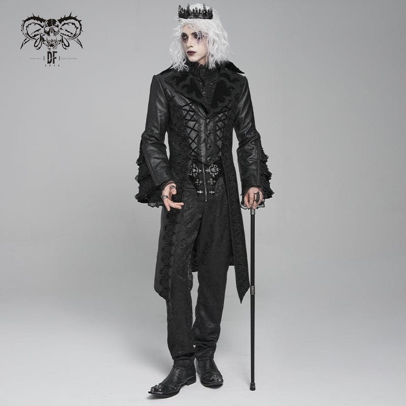 DEVIL FASHION Men's Gothic Floral Crochet Lace-up Bell Sleeved Coat