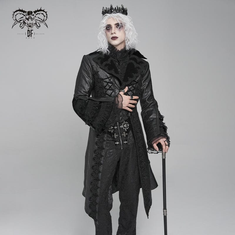 DEVIL FASHION Men's Gothic Floral Crochet Lace-up Bell Sleeved Coat
