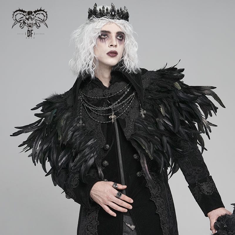 DEVIL FASHION Men's Gothic Floral Embroidered Feather Cape