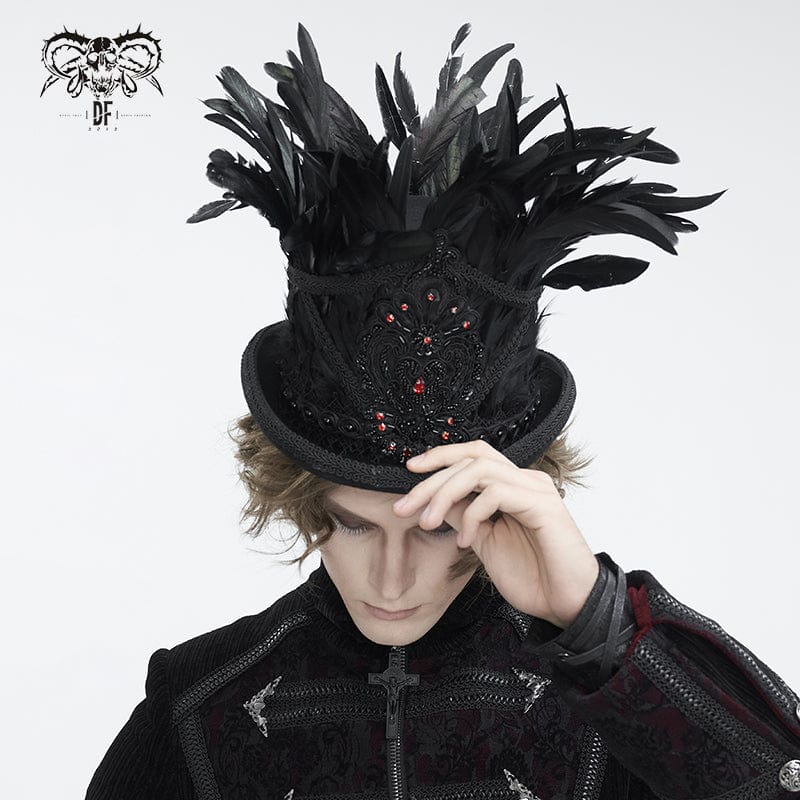 DEVIL FASHION Men's Gothic Floral Embroidered Feather Top Hat