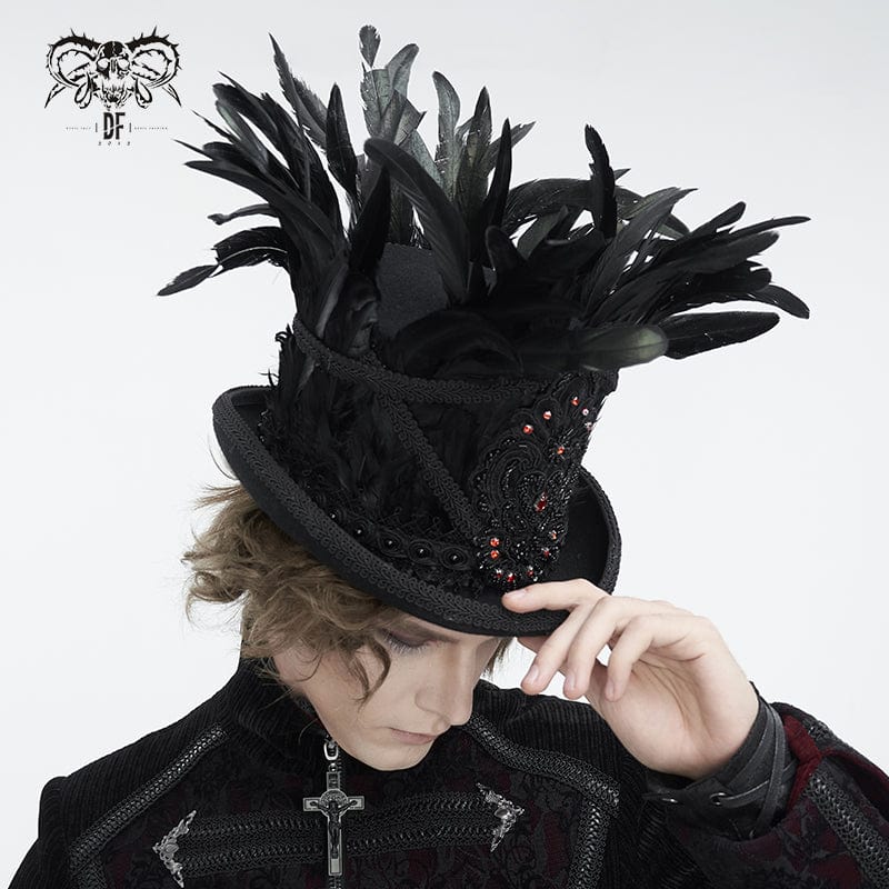 DEVIL FASHION Men's Gothic Floral Embroidered Feather Top Hat
