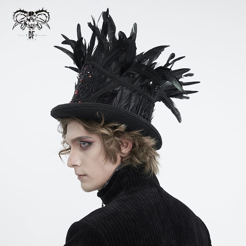 DEVIL FASHION Men's Gothic Floral Embroidered Feather Top Hat