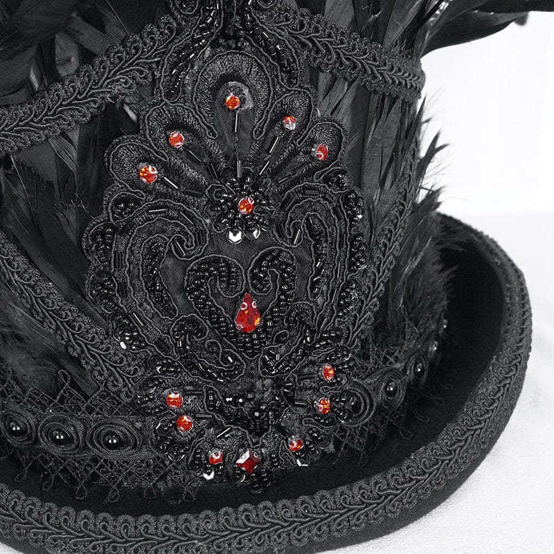 DEVIL FASHION Men's Gothic Floral Embroidered Feather Top Hat