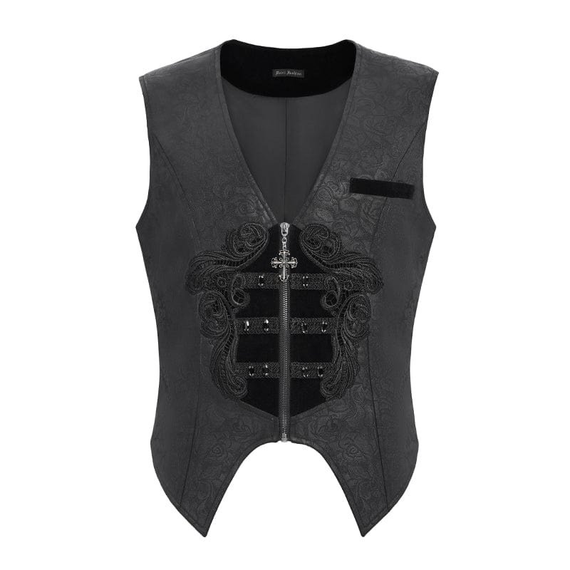 DEVIL FASHION Men's Gothic Floral Embroidered Velvet Splice Waistcoat