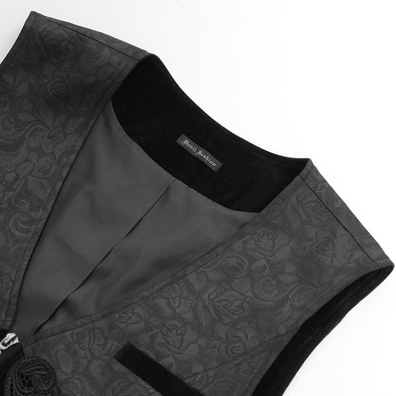 DEVIL FASHION Men's Gothic Floral Embroidered Velvet Splice Waistcoat
