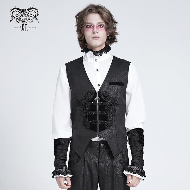 DEVIL FASHION Men's Gothic Floral Embroidered Velvet Splice Waistcoat