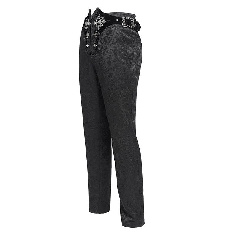 DEVIL FASHION Men's Gothic Floral Printed Buckle Lace-up Pants