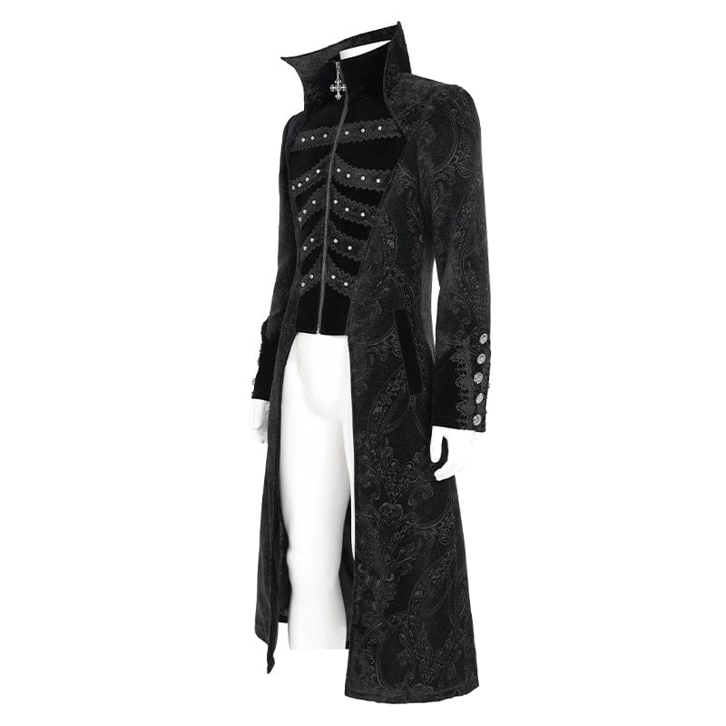 DEVIL FASHION Men's Gothic Floral Printed Diamante Stand Collar Coat Black